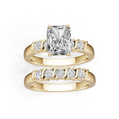 2 Piece Set 10K Gold CVD Diamond Ring Emerald OCT 7x5mm 5 Stones