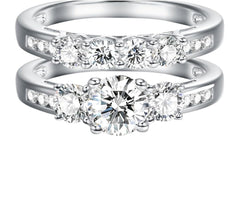 2PC Round Cut CVD Diamond 3-Stone 10K Gold Engagement Ring Set for Women