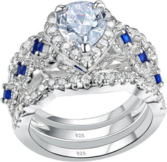 3pcs  Pear Shape Moissanite Sterling Silver Bridal Wedding & Engagement Ring Set for Women