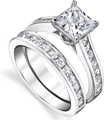 Princess Cut CVD Diamond Sterling Silver Bridal Engagement & Wedding Ring Set