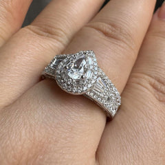 2 PC Pear Cut Moissanite Bridal Wedding Ring Set with Halo, Baguette Side Stones & Pavé Band Sterling Silver