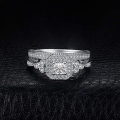 2 PC Princess Cut Halo Moissanite Sterling Silver Bridal Wedding & Engagement Ring Set for Women