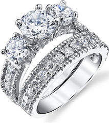 2 PC,  3 Stone Round Cut Moissanite Sterling Silver Past Present Future Bridal Engagement & Wedding Ring Set