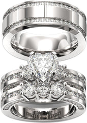 2 PC Heart Cut Moissanite Sterling Silver His & Hers Couples Bridal Wedding & Promise Ring Set