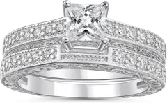 2 PC Princess Cut Solitaire Cathedral Setting CVD Diamond 10K Gold Bridal Wedding & Engagement Ring Set for Women