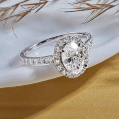 Oval Cut Moissanite Halo Engagement Ring for Women – Solitaire with Accent Side Stones