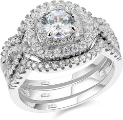 2PC Round Cut Double Halo CVD Diamond 14K Gold Bridal Engagement & Wedding R