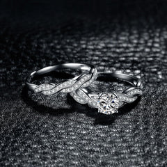 2 PC Round Cut Moissanite Sterling Silver Wedding Band & Promise Ring Set for Women