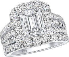 2 PC Emerald Cut CVD Diamond Sterling Silver Bridal Wedding & Engagement Ring Set for Women