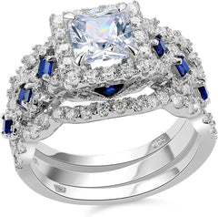 3 PC Princess Cut CVD Diamond Sterling Silver Bridal Engagement Ring Set with Wedding Bands for Women
