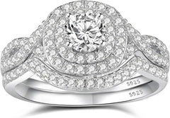 2 PC Round Brilliant Cut CVD Diamond Sterling Silver Bridal Wedding & Engagement Ring Set for Women