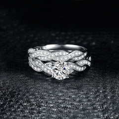 2 PC Round Cut Moissanite Sterling Silver Wedding Band & Promise Ring Set for Women