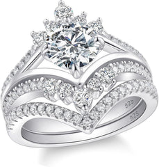 2 PC Round Cut CVD Diamond Chevron Bridal Set Wedding Rings for Women in Sterling Silver
