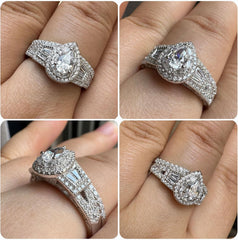 2 PC Pear Cut Moissanite Bridal Wedding Ring Set with Halo, Baguette Side Stones & Pavé Band Sterling Silver