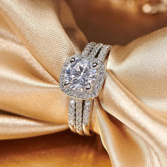 3 PC Round Brilliant Cut Moissanite Sterling Silver Bridal Wedding & Engagement Ring Set for Women