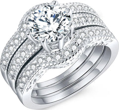 3 PC Halo Round White Moissanite Sterling Silver Trio Bridal Wedding & Engagement Ring Set for Women