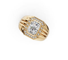 Men's 14K Gold Moissanite Ring Emerald OCT 8X6mm Halo
