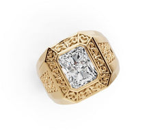 Platinum Moissanite Ring Emerald OCT 10x8mm Men's Ring Bezel Fleur de lis Ring