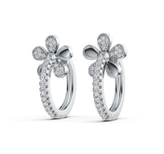 Sterling Silver Hoop Earrings with White Topaz or Moissanite Flower Theme Syzjewelry