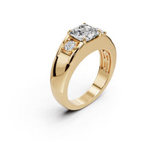 Men's 18K Gold CVD Diamond Ring Princess SQ 7X7mm RD 3.5mm 3-Stone