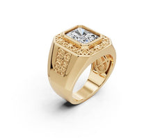 14K Gold Moissanite Ring Emerald OCT 10x8mm Men's Ring Bezel Fleur de lis Ring