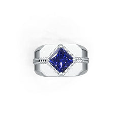 Men's Sterling Silver Blue Sapphire Ring Princess SQ 7X7mm