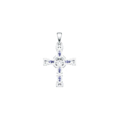 Sterling Silver Royal Blue Sapphire Pendant with Moissanite OV 5X3mm Cross Theme