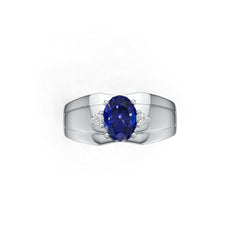 Sterling Silver Blue Sapphire Ring OV 8x6mm W/ Moissanite
