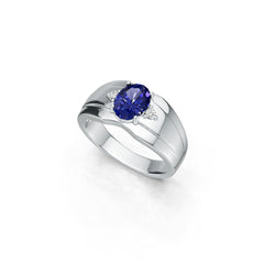 Sterling Silver Blue Sapphire Ring OV 8x6mm W/ Moissanite
