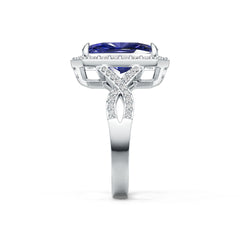 Sterling Silver Royal Blue Sapphire Engagement Ring Crisscross Shank Cushion CU 12x8mm Halo Ring