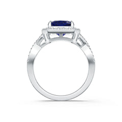 Sterling Silver Royal Blue Sapphire Engagement Ring Crisscross Shank Cushion CU 12x8mm Halo Ring