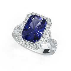 Sterling Silver Royal Blue Sapphire Engagement Ring Crisscross Shank Cushion CU 12x8mm Halo Ring