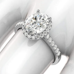 Oval Cut Sterling Silver Halo Moissanite Engagement Ring with Side Stones 