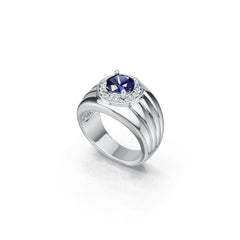 Men's Sterling Silver Sapphire Engagement Ring Round RD 6x6mm Halo Masculine w/ Under Gallery