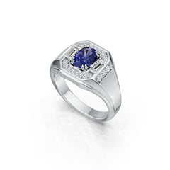 Men's Sterling Silver Royal Blue Sapphire Ring Oval OV 8x6mm Halo