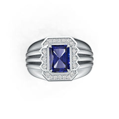 Men's Sterling Silver Moissanite or Sapphire Ring Emerald OCT 8X6mm Halo