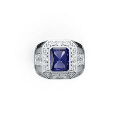 Sterling Silver Moissanite Ring Emerald OCT 10x8mm Men's Ring Bezel Fleur de lis Ring
