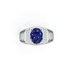 Men's Sterling Silver Blue Sapphire Ring Oval OV 10x8mm w/ Accent