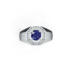 Sterling Silver Blue Sapphire Engagement Ring Round RD 6x6mm Men's Ring Halo Moissanite