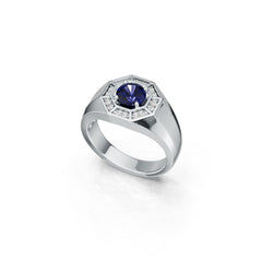 Sterling Silver Blue Sapphire Engagement Ring Round RD 6x6mm Men's Ring Halo Moissanite