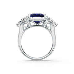 Sterling Silver Royal Sapphire Engagement Ring Cushion CU 14X10mm 3 Stone Design Halo Ring