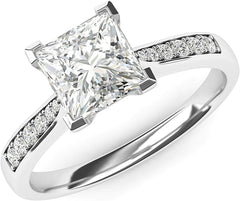 Princess Cut Sterling Silver Moissanite Engagement Ring with Side Stones