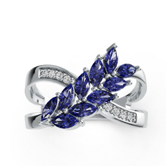 Sterling Silver Marquise Shape Blue Moissanite & Diamond Crisscross Ring