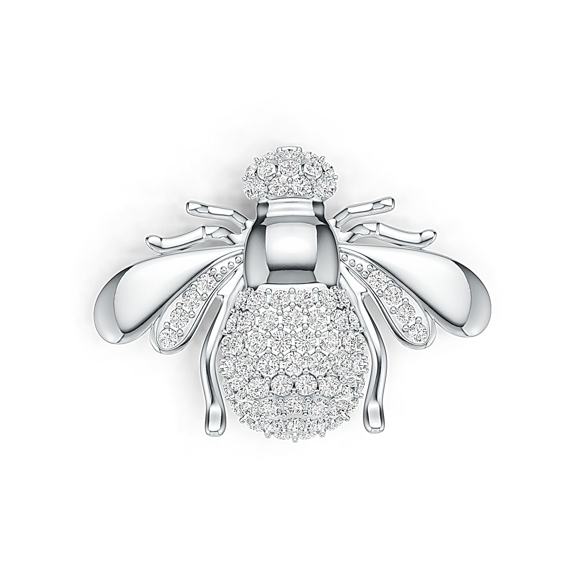 Silver bee-shaped brooch with diamond accents on a white background
