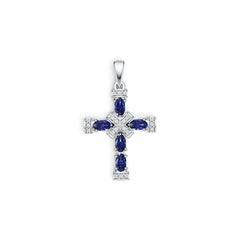 Sterling Silver Royal Blue Sapphire Pendant with Moissanite OV 5X3mm Cross Theme