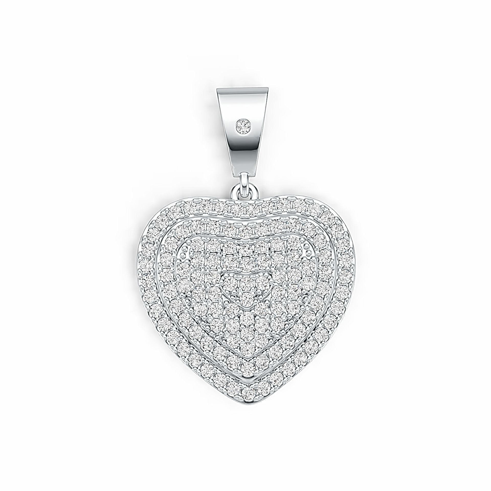 Heart-shaped silver pendant with clear stones on a white background