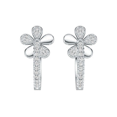 Sterling Silver Hoop Earrings with White Topaz or Moissanite Flower Theme Syzjewelry