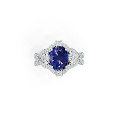 Sterling Silver Blue Sapphire Engagement Ring  Oval OV 10X8mm Cross Shank Halo