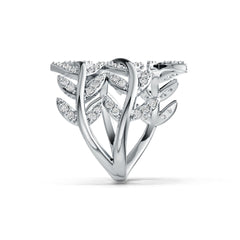 Sterling Silver Ring with White Topaz or Moissanite Leaf-and-Vine Theme Bypass DHJ