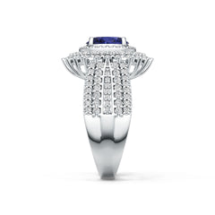 Sterling Silver Royal Blue Sapphire Engagement Ring w/ Moissanite Tripple Halo Ring